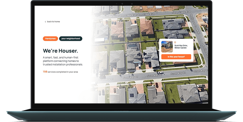 Interface Houser com mapa de satélite mostrando cobertura de profissionais