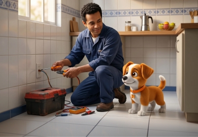 Eletricista Houser e mascote Helper em cozinha durante reparo