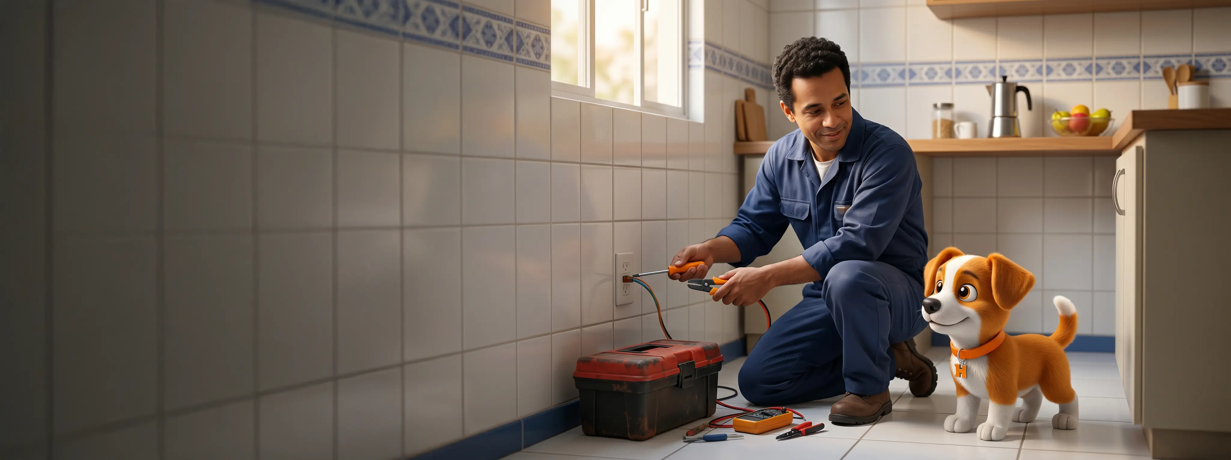 Eletricista Houser e mascote Helper em cozinha durante reparo