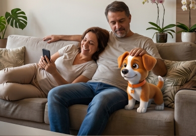Casal no sofá usando o app Houser para agendar serviço residencial